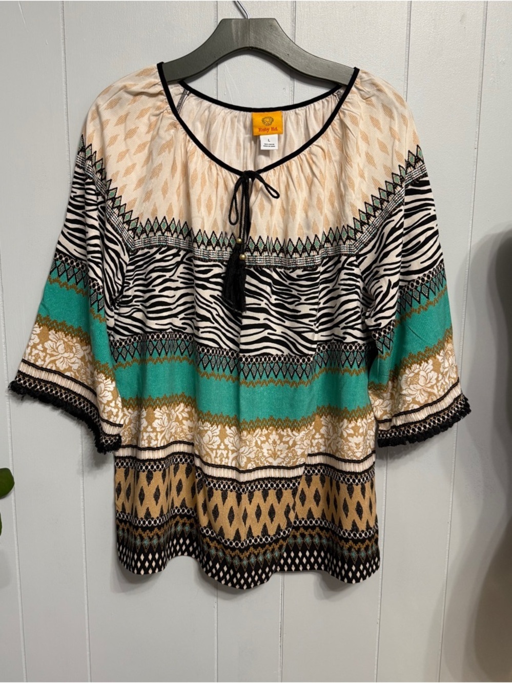 #7)  Ruby Rd. Turquoise Black Cream Patterned Peasant Blouse